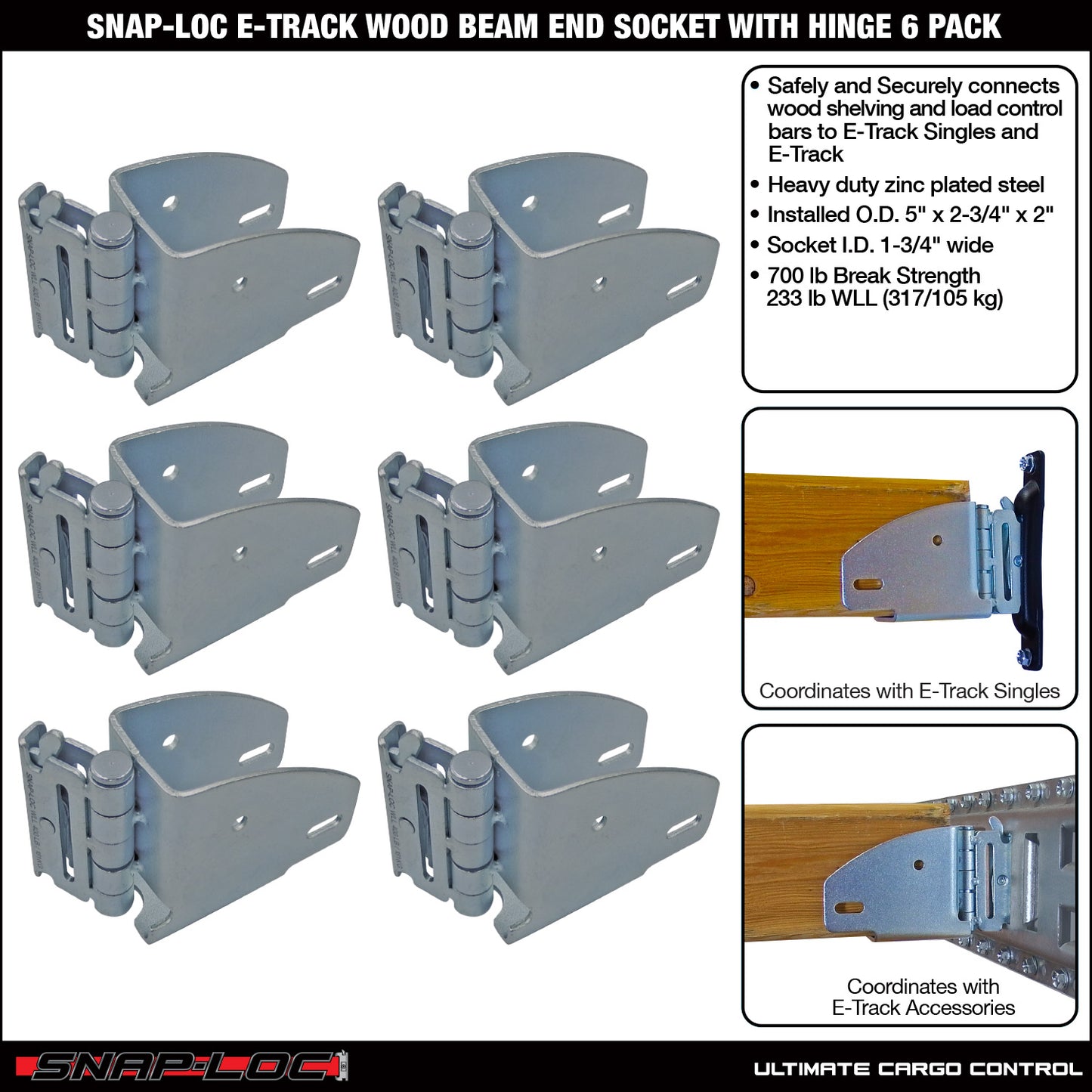 Snap-Loc E-Track Wood Beam End Socket with Hinge - Cargo Shoring