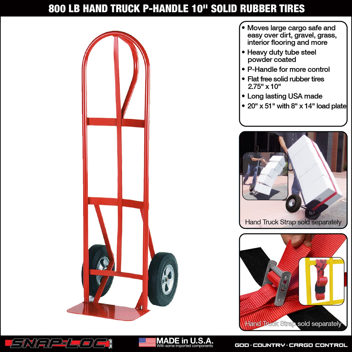 Steel Hand Truck – 800 lb Capacity with P-Handle and 10” Solid Rubber Tires (Red)