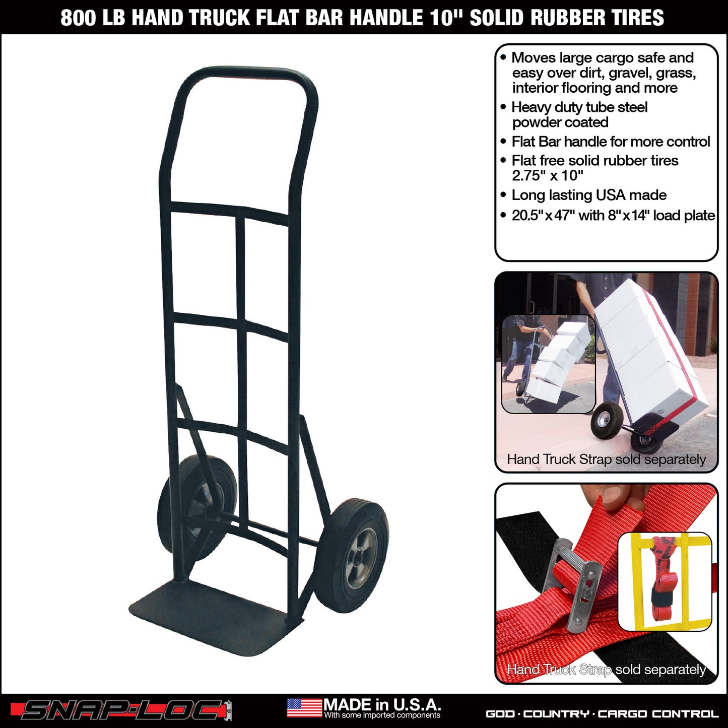 Steel Hand Truck – 800 lb Capacity with Flat Bar Handle and 10” Solid Rubber Tires (Black)