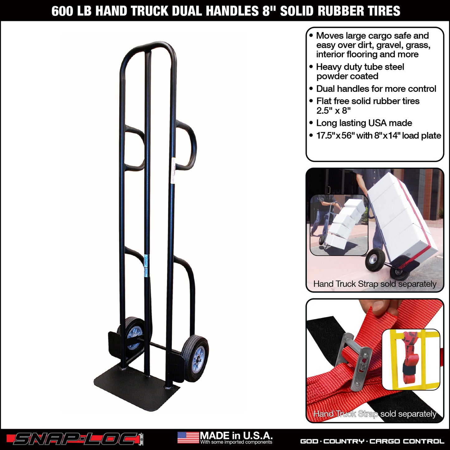 Steel Hand Truck – 600 lb Capacity with Dual Handles and 8” Solid Rubber Tires (Black)