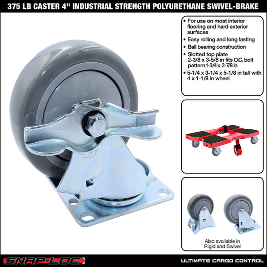 Snap-Loc 375 lb 4” Industrial Polyurethane Caster – Swivel with Brake