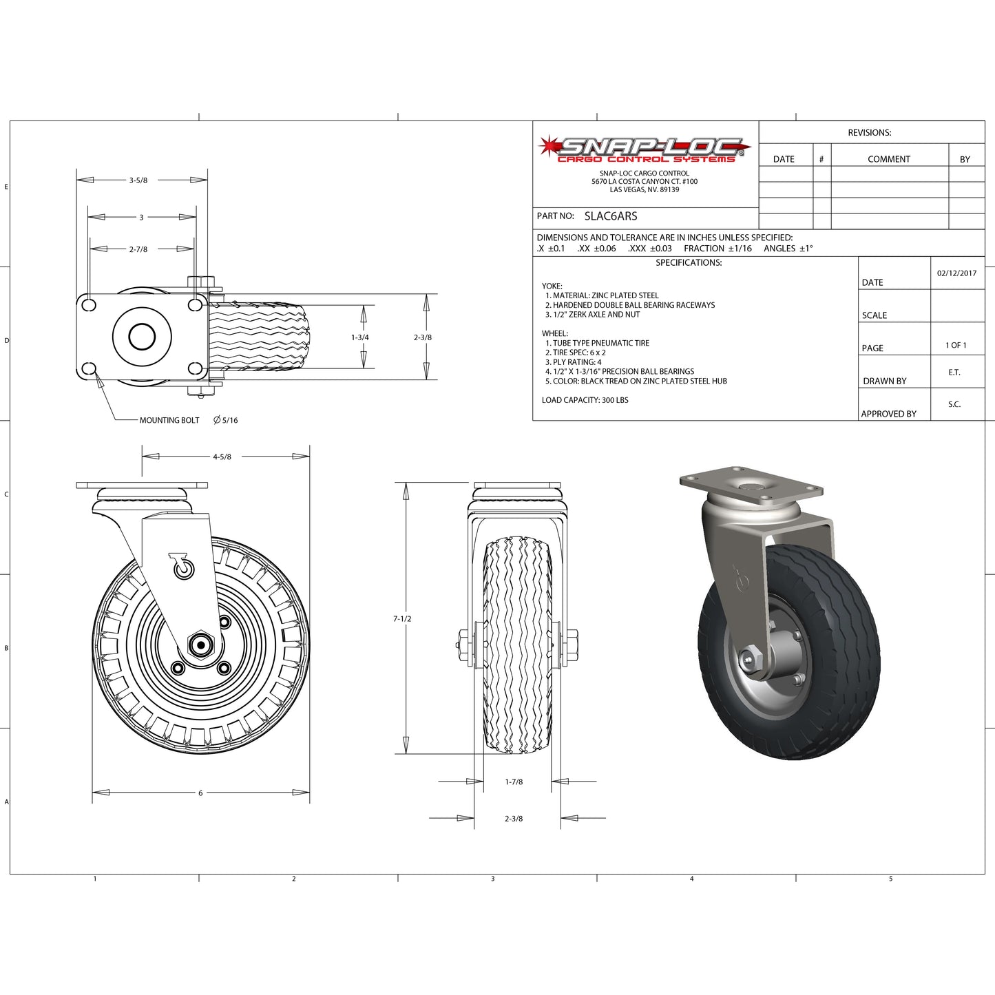 Snap-Loc 300 lb 6” Pneumatic Rubber Caster – Swivel