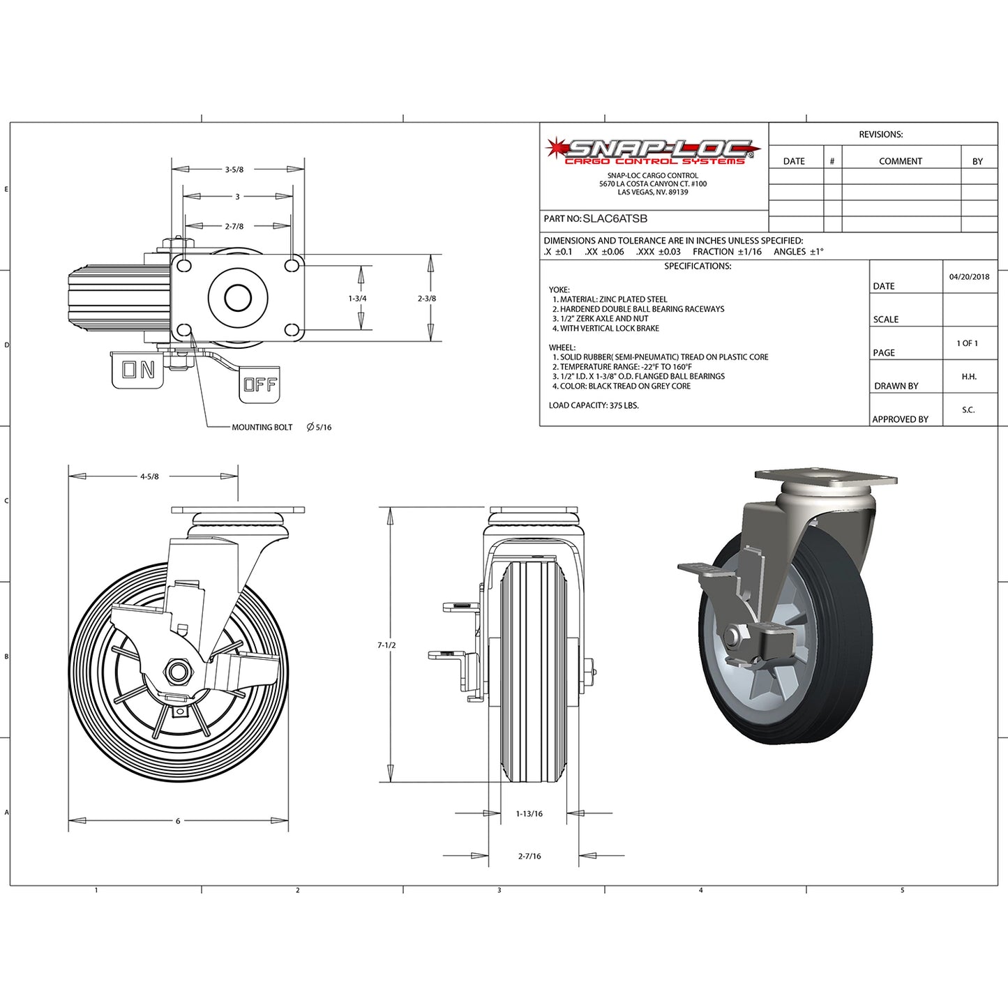 Snap-Loc 375 lb 6” All-Terrain Solid Rubber Caster – Swivel with Brake