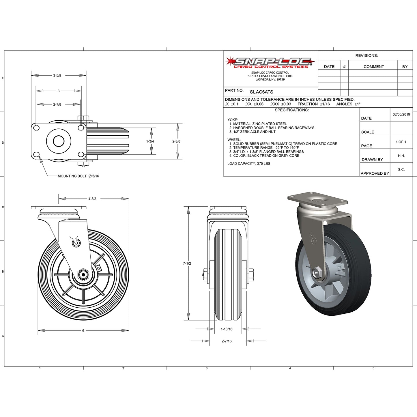 Snap-Loc 375 lb 6” All-Terrain Solid Rubber Caster – Swivel