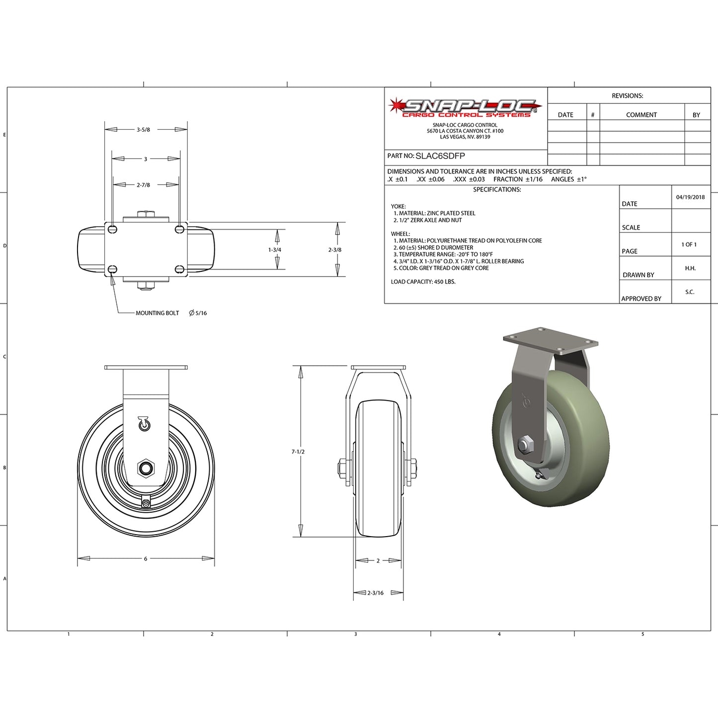 Snap-Loc 450 lb 6” Super-Duty Polyurethane Caster – Rigid