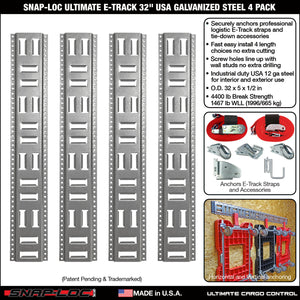 SNAP-LOC Fast-Track E-Track 32 Inch 4-Pack USA Galvanized Steel Horizontal Vertical, Logistic Tie-Down for Pickups, Trucks, Trailers