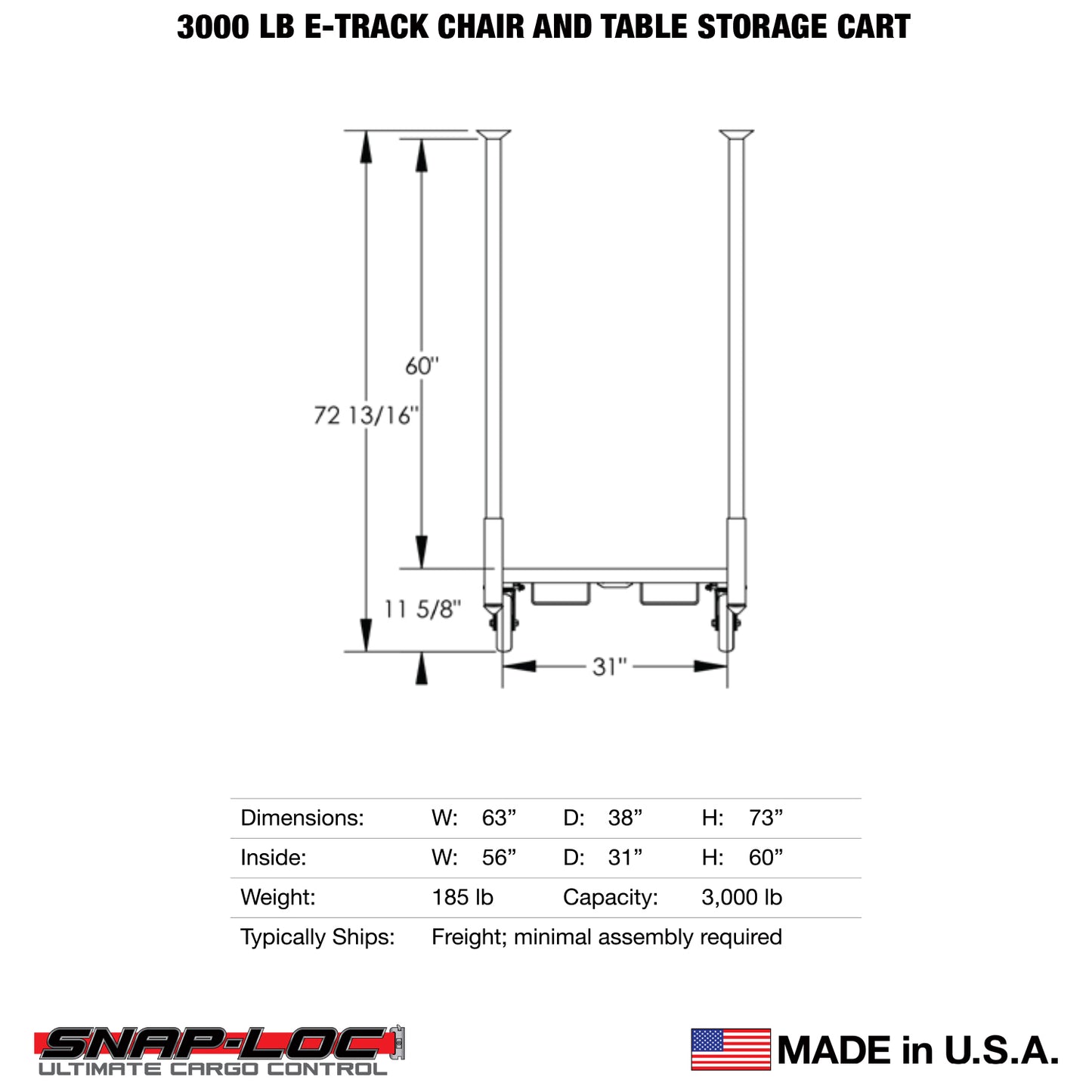 SNAP-LOE-Track Chair & Table Storage Cart – 3,000 lb Capacity with 5” Swivel Casters