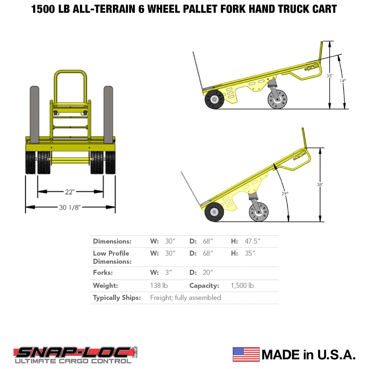 E-Track Hand Truck – All-Terrain, 1,500 lb Capacity with Adjustable Pallet Forks and 6-Wheel 10” Flat-Free Tires