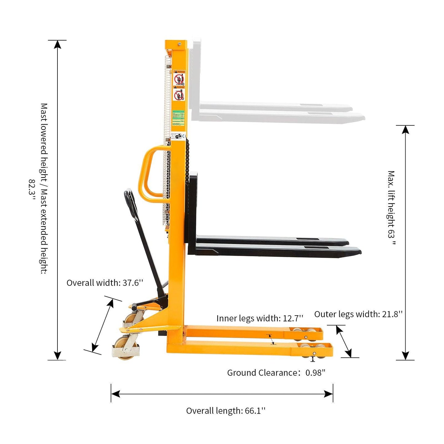 Manual Hydraulic Stacker Pallet Stacker Adjustable Forks 2200lbs Cap. 63" Lift Height A-3003
