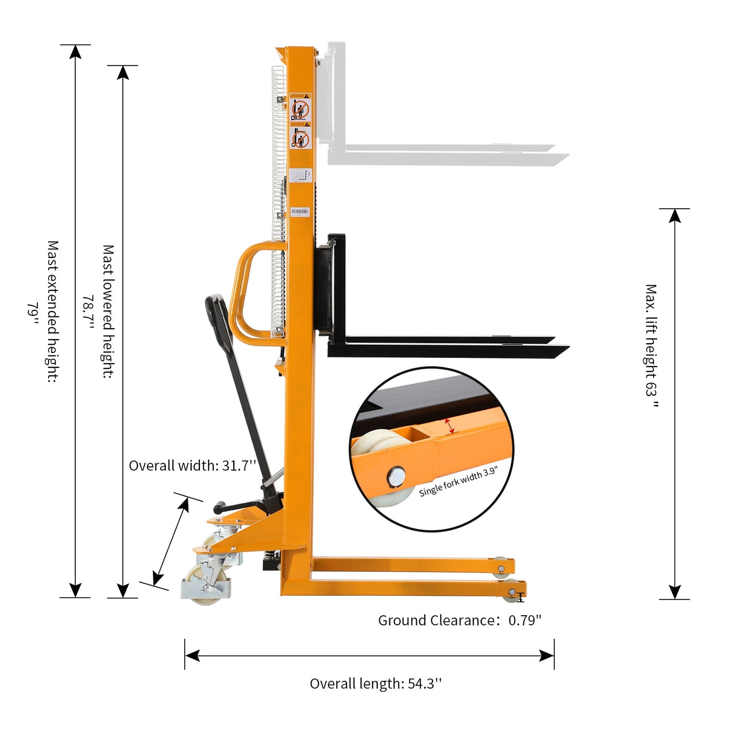 Manual Pallet Stacker Adjustable Forks 1100lbs Cap. 63" Lift Height A-3002