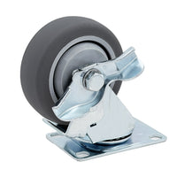 Snap-Loc 3-1/2-inch low-profile thermoplastic swivel caster with brake, 250 lb rating and non-marking tread for sensitive flooring.