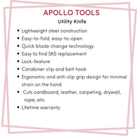 Ergonomic Stainless Steel, Lightweight, Foldable Black Utility Knife with Carabiner Clip and Fast-Change Blade - DT5017