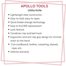 Ergonomic Stainless Steel, Lightweight, Foldable Black Utility Knife with Carabiner Clip and Fast-Change Blade - DT5017