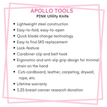 Ergonomic Stainless Steel, Lightweight, Foldable Pink Utility Knife with Carabiner Clip and Fast-Change Blade - DT5017P