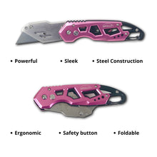 Ergonomic Stainless Steel, Lightweight, Foldable Pink Utility Knife with Carabiner Clip and Fast-Change Blade - DT5017P