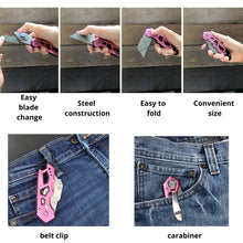 Ergonomic Stainless Steel, Lightweight, Foldable Pink Utility Knife with Carabiner Clip and Fast-Change Blade - DT5017P
