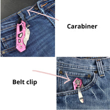 Ergonomic Stainless Steel, Lightweight, Foldable Pink Utility Knife with Carabiner Clip and Fast-Change Blade - DT5017P