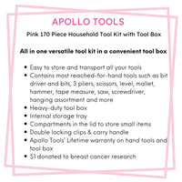 Pink 170 Piece Household Tool Kit with New and Improved Tool Box - DT7103P