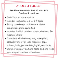144 Piece Household Tool Kit with 4.8V Cordless Screwdriver - DT8422