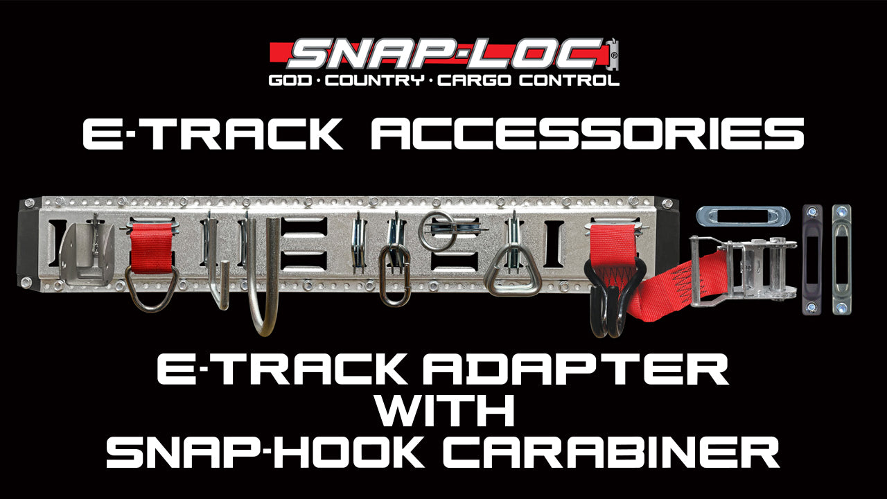 Load video: Snap-Loc E-Track Snap-Hook Carabiner Adapter demonstrating quick-connect cargo attachment for E-Track cargo control systems.