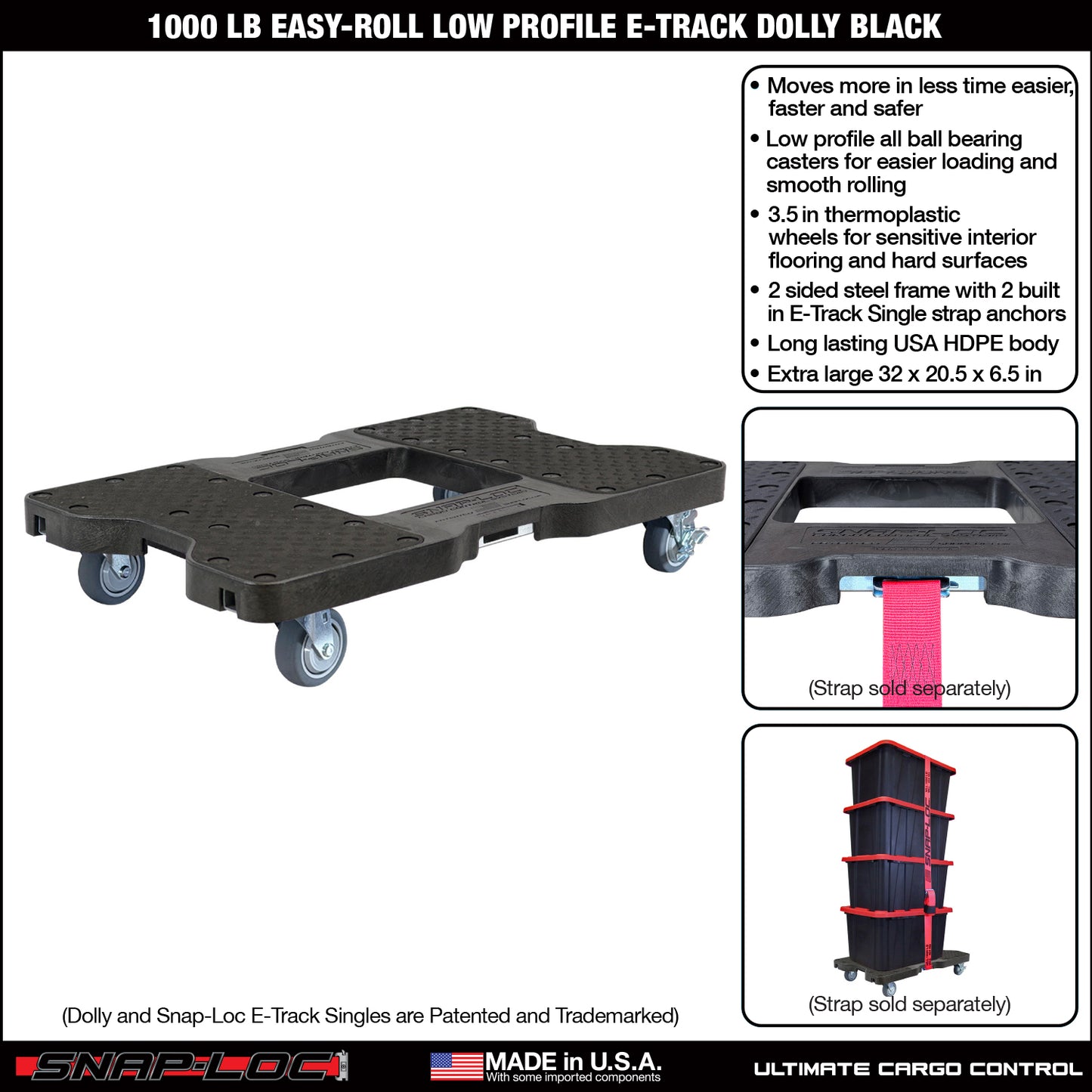 Snap-Loc E-Track Dolly – Easy-Roll, Low Profile, 750 lb Capacity with 3.5" Swivel Thermoplastic Casters - Black