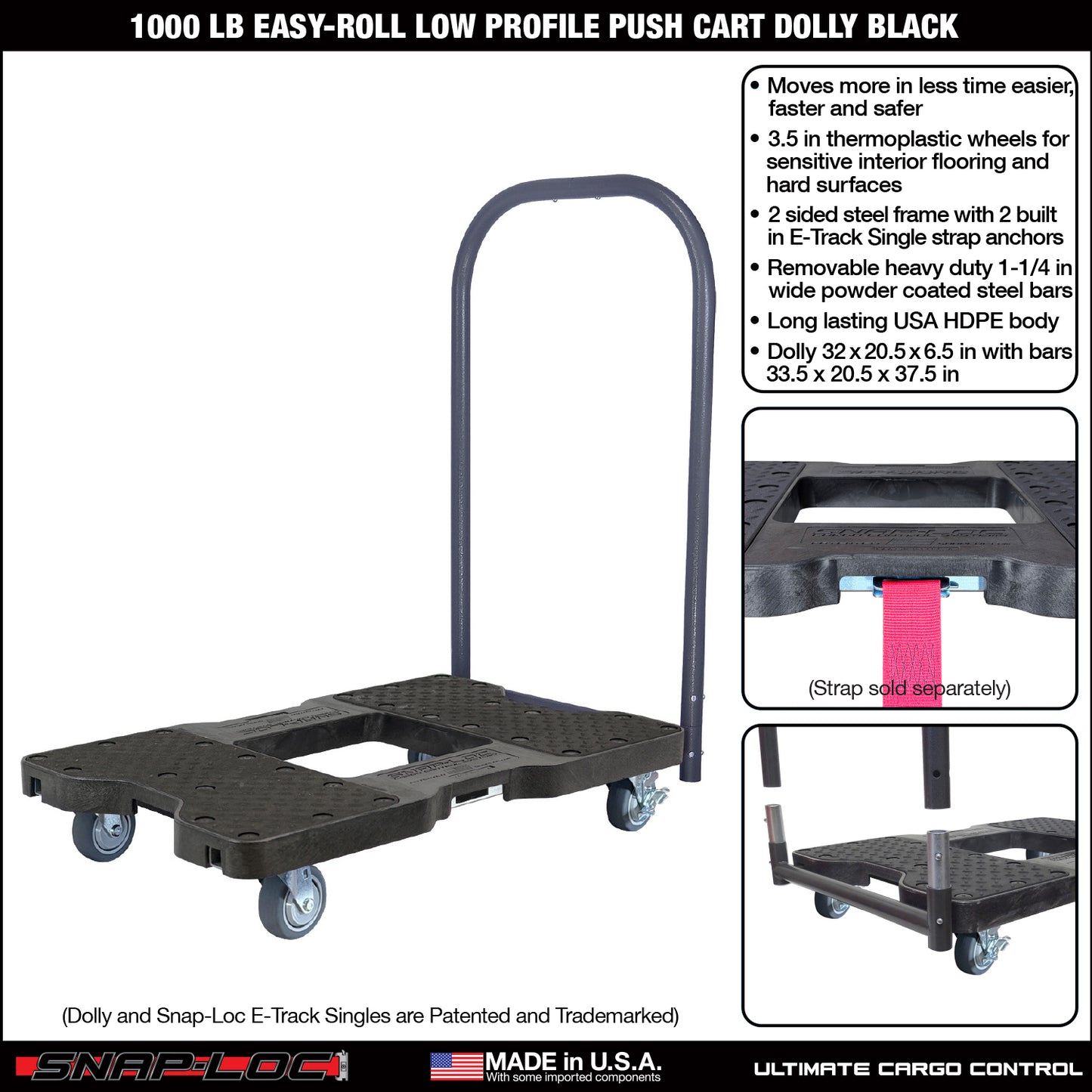 Snap-Loc E-Track Dolly – Easy-Roll, Low Profile, 750 lb Capacity with 3.5" Swivel Thermoplastic Casters - Black