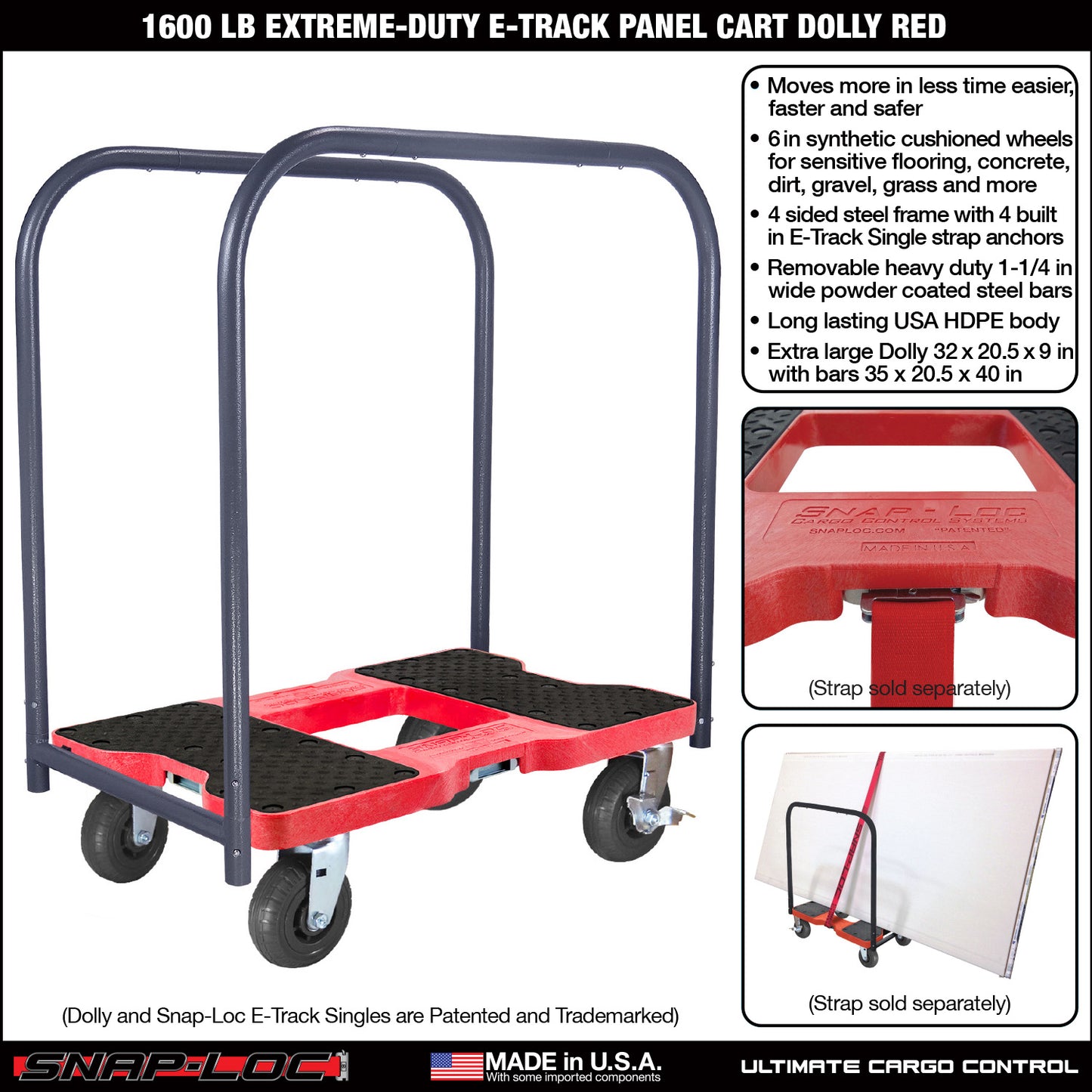 Snap-Loc E-Track Dolly – Extreme-Duty, 1,600 lb Capacity with 6" Solid Synthetic Rubber Casters - Red