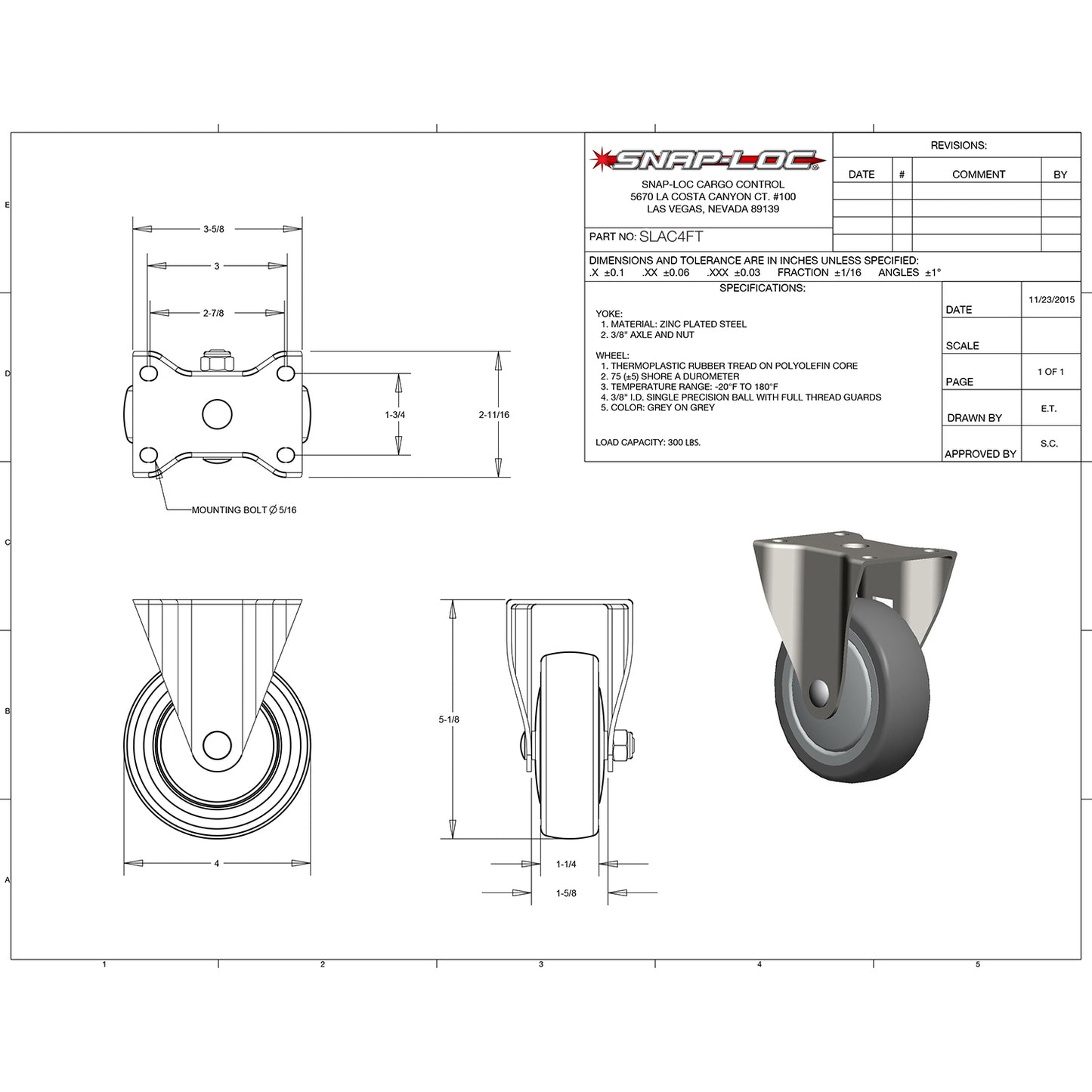 Snap-Loc 300 lb 4” General Purpose Thermoplastic Caster – Rigid