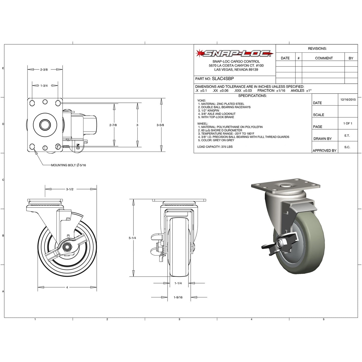 Snap-Loc 375 lb 4” Industrial Polyurethane Caster – Swivel with Brake