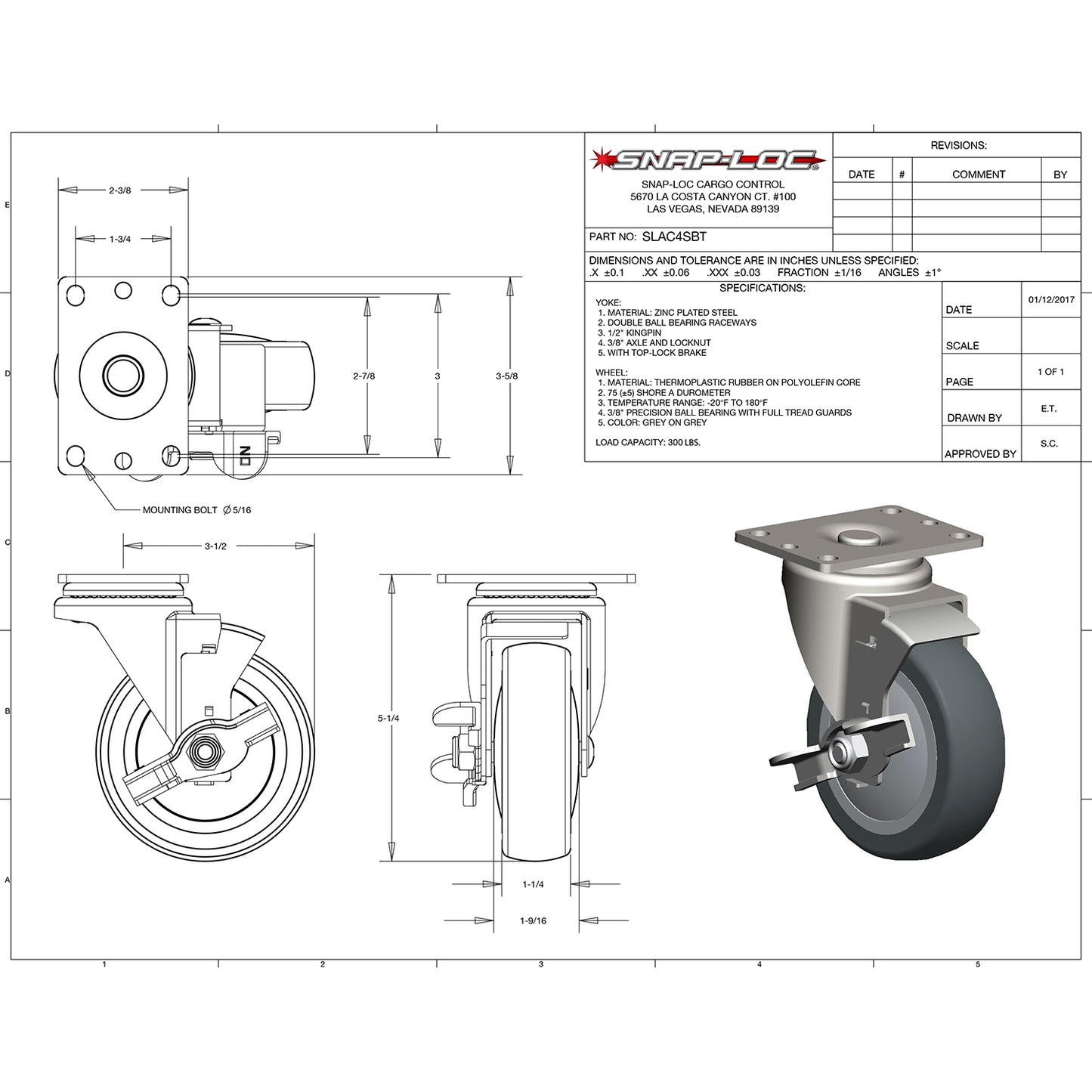Snap-Loc 300 lb 4” General Purpose Thermoplastic Caster – Swivel with Brake
