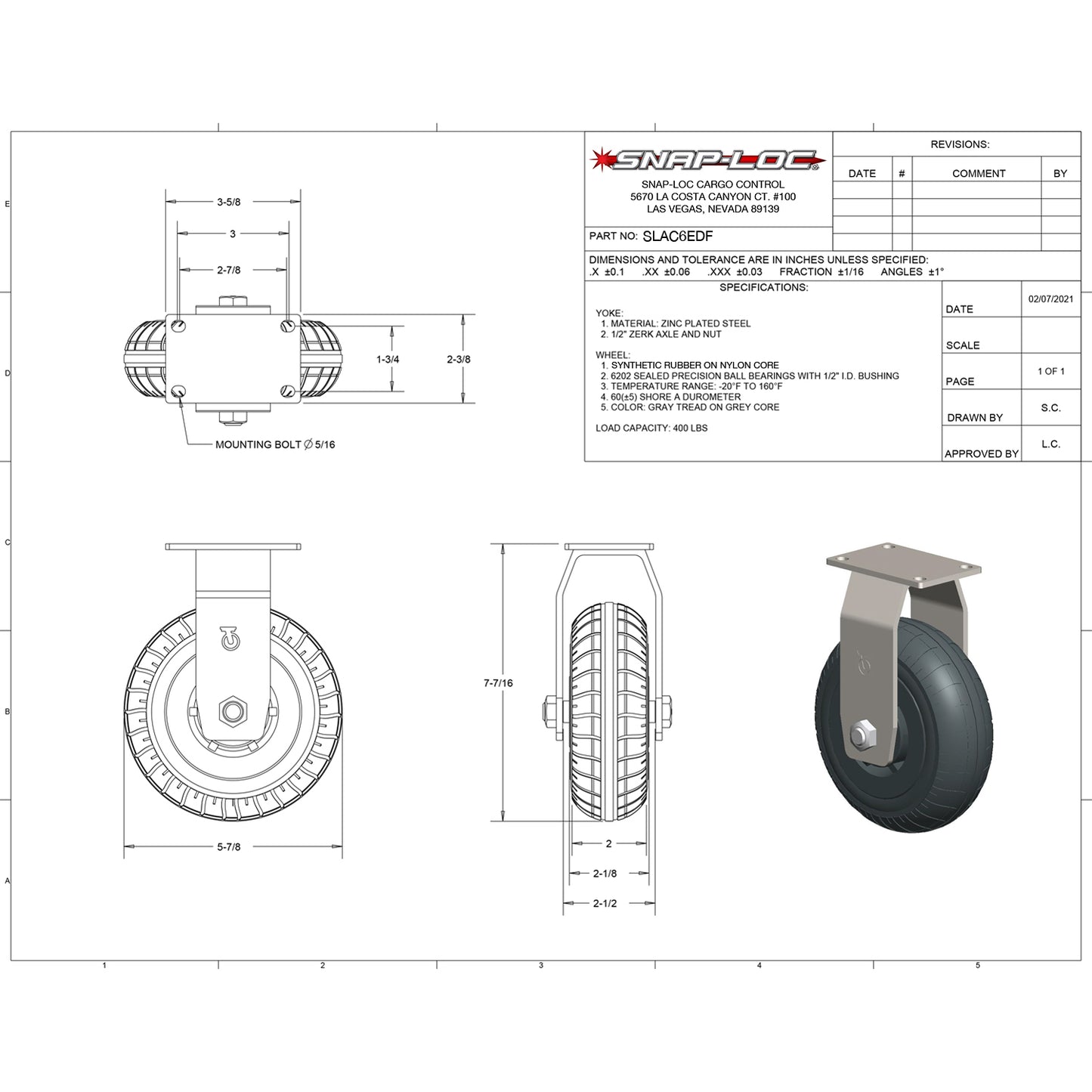 Snap-Loc 400 lb 6” Extreme-Duty Synthetic Rubber Caster – Rigid