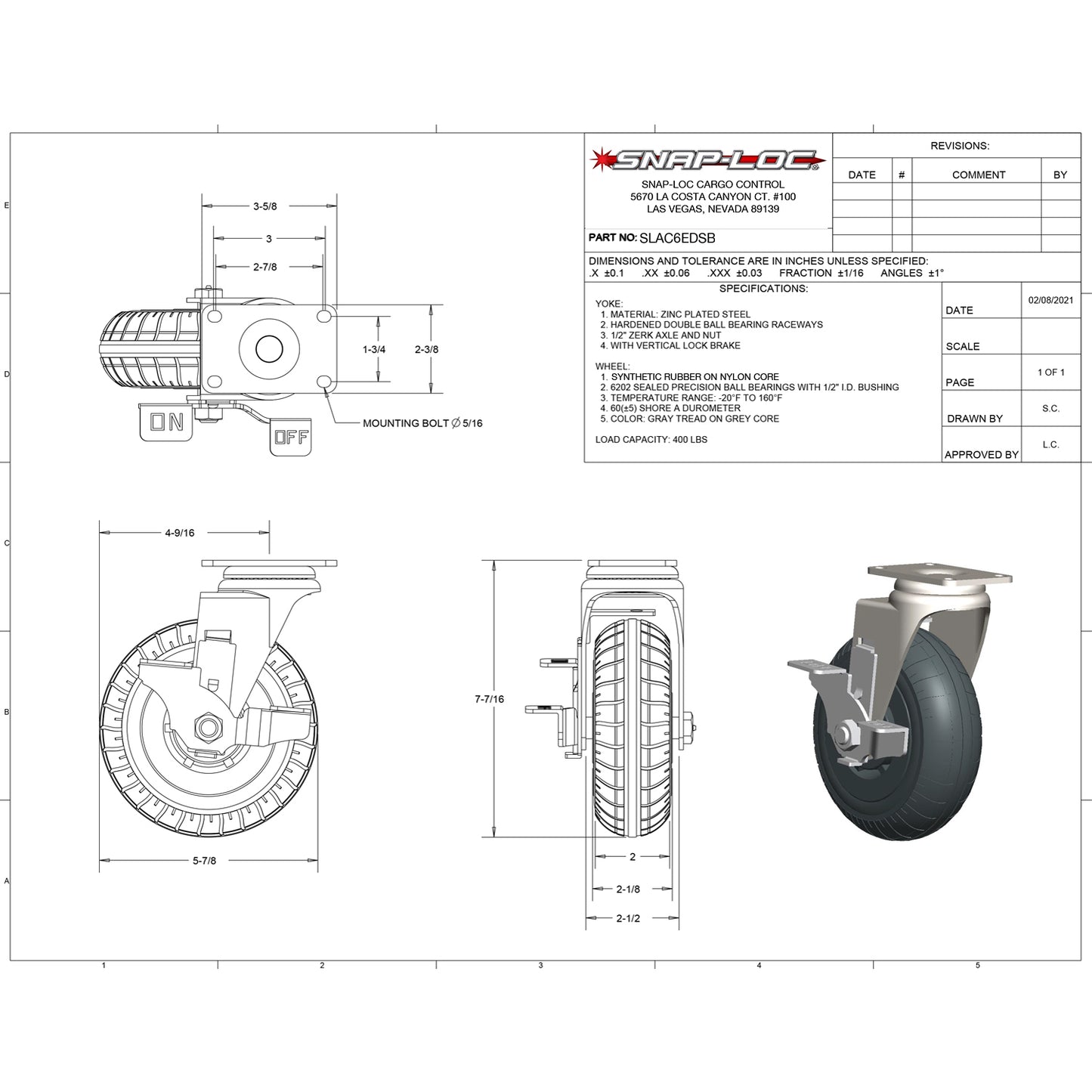 Snap-Loc 400 lb 6” Extreme-Duty Synthetic Rubber Caster – Swivel with Brake