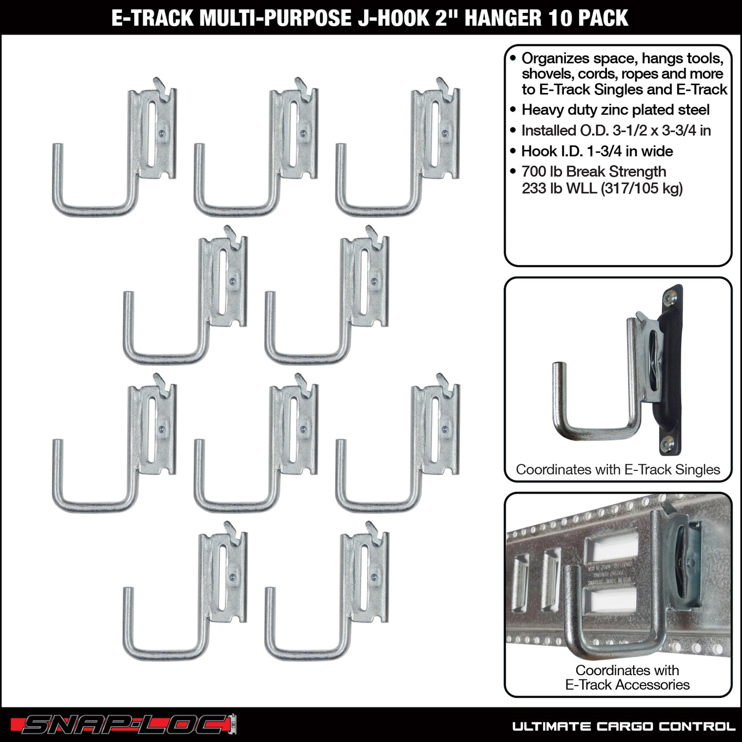Snap-Loc E-Track J-Hook – 2”, Multi-Purpose – 10-Pack