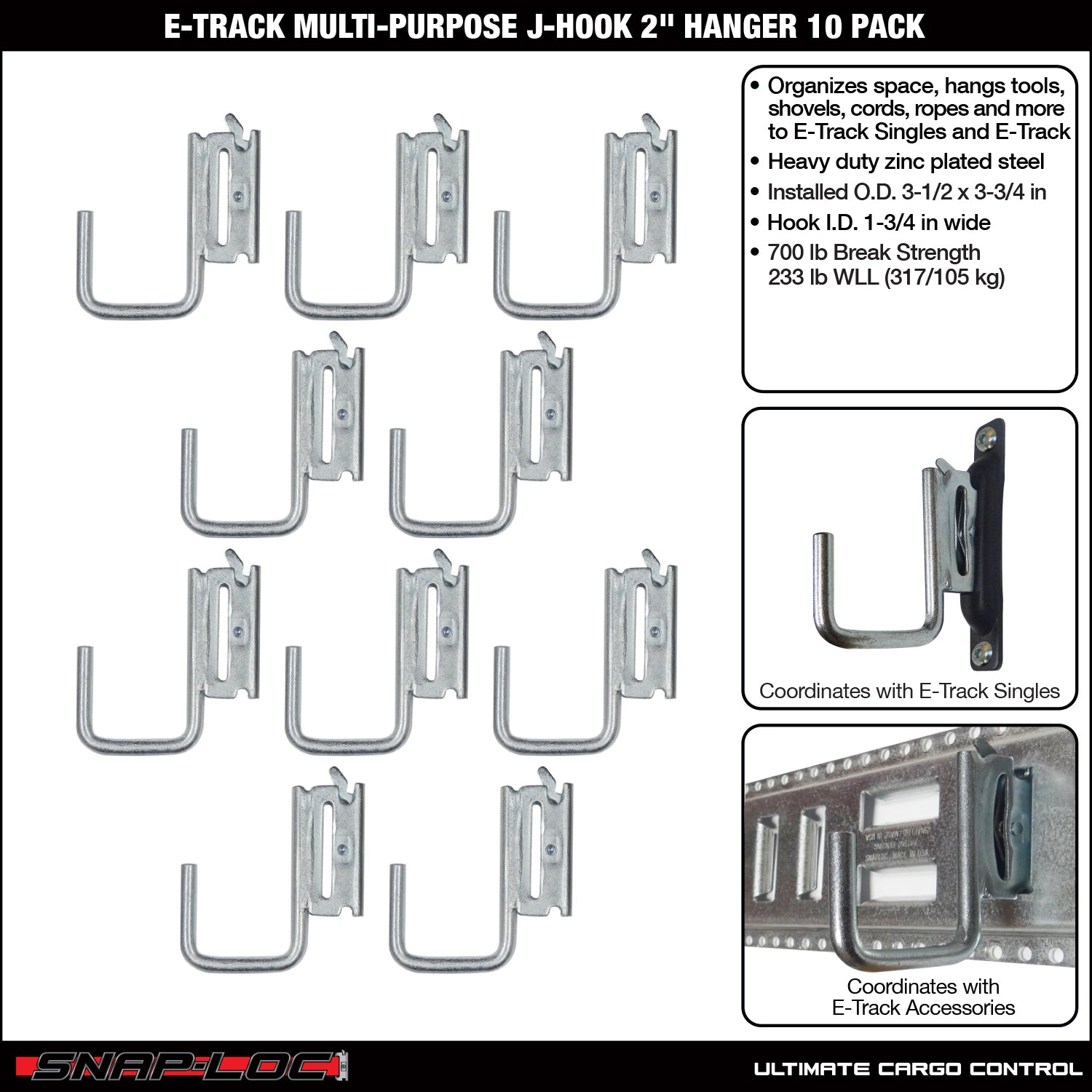 SNAP-LOC E-Track Multi-Purpose J-Hook 2 Inch Hanger 10-Pack, Logistic –  SNAP-LOC CARGO CONTROL