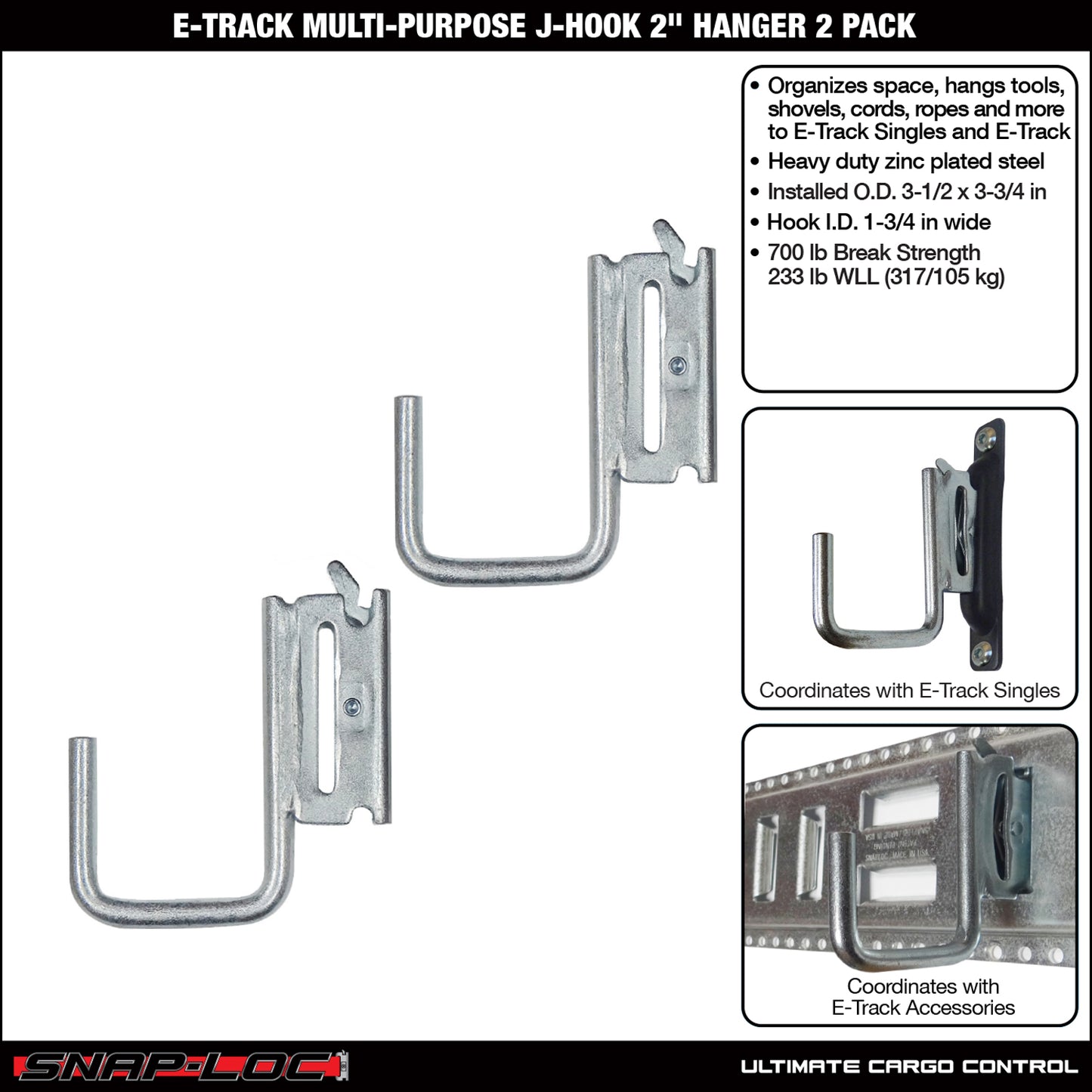 Snap-Loc E-Track J-Hook – 2”, Multi-Purpose – 2-Pack