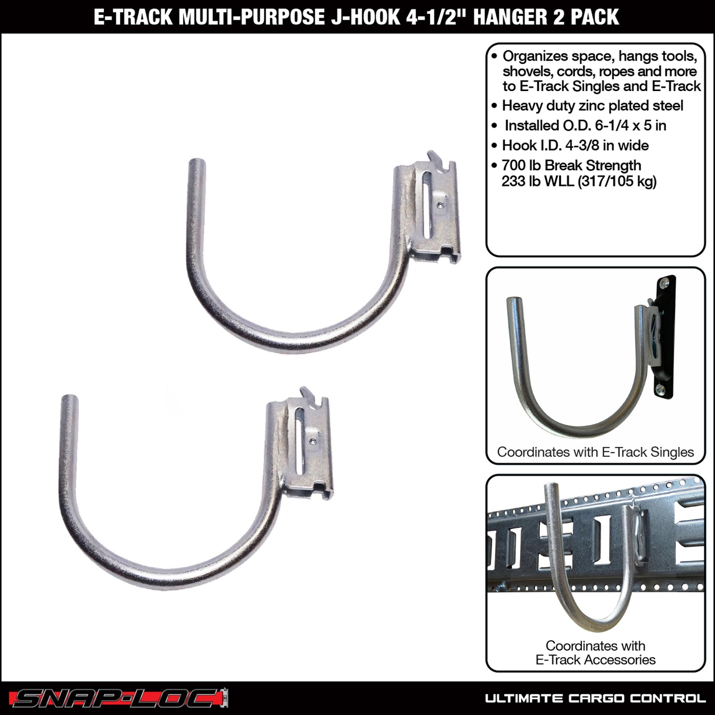 Snap-Loc E-Track J-Hook – 4”, Multi-Purpose – 2-Pac