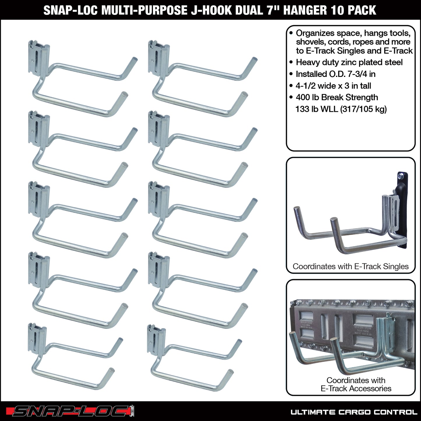 Snap-Loc E-Track Dual J-Hook – 8”, Multi-Purpose – 10-Pack