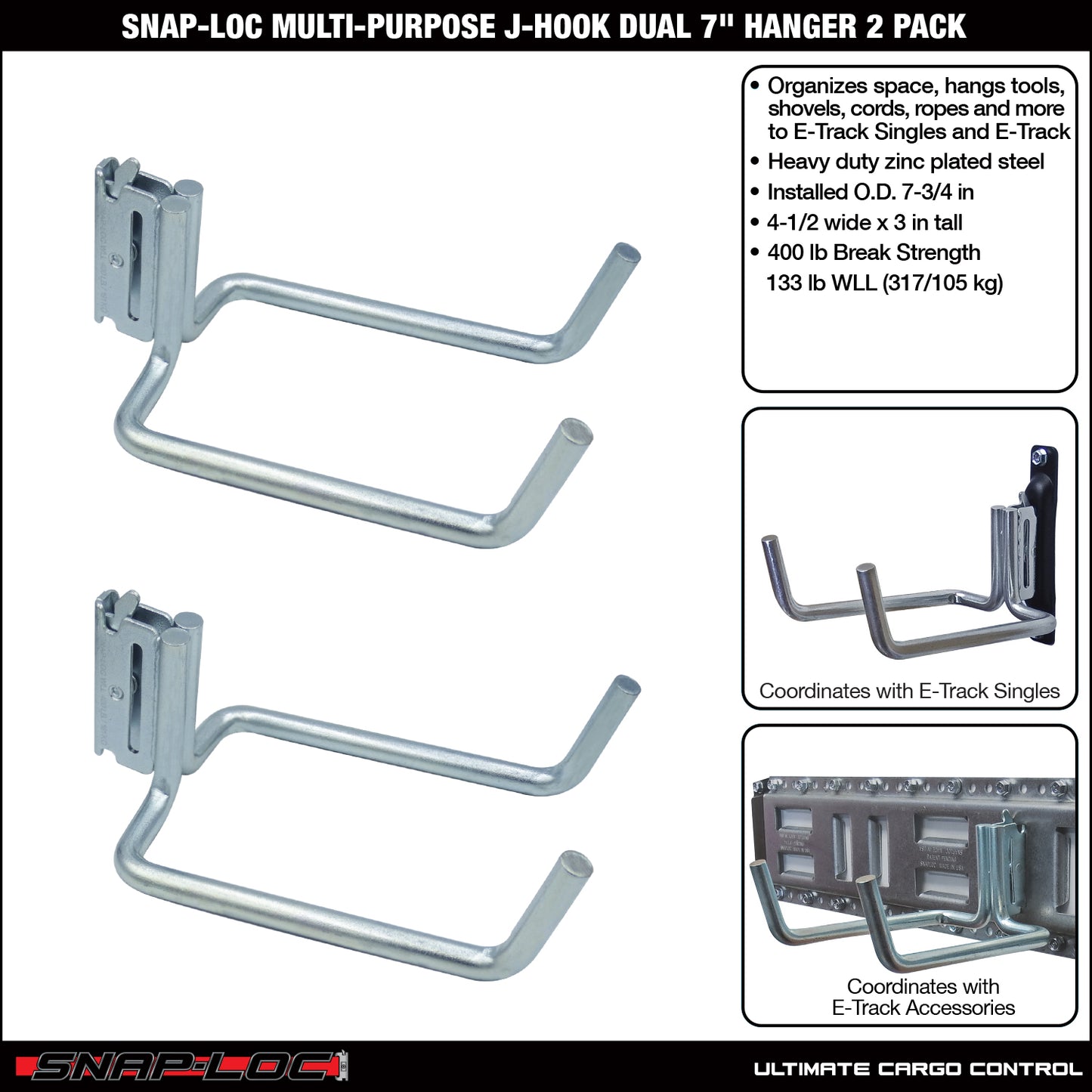 Snap-Loc E-Track Dual J-Hook – 8”, Multi-Purpose – 2-Pack