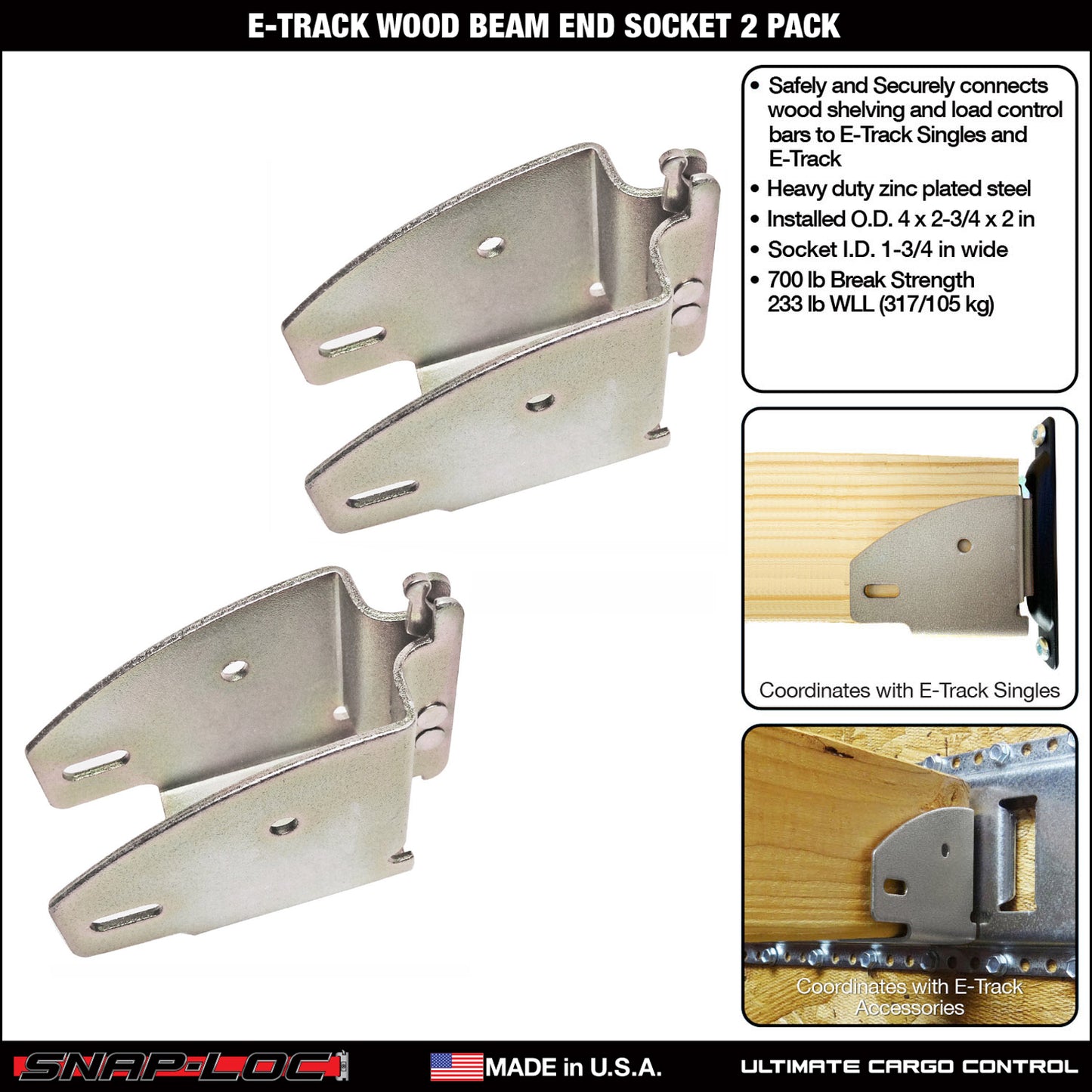 Snap-Loc E-Track Wood Beam End Socket – 2-Pack