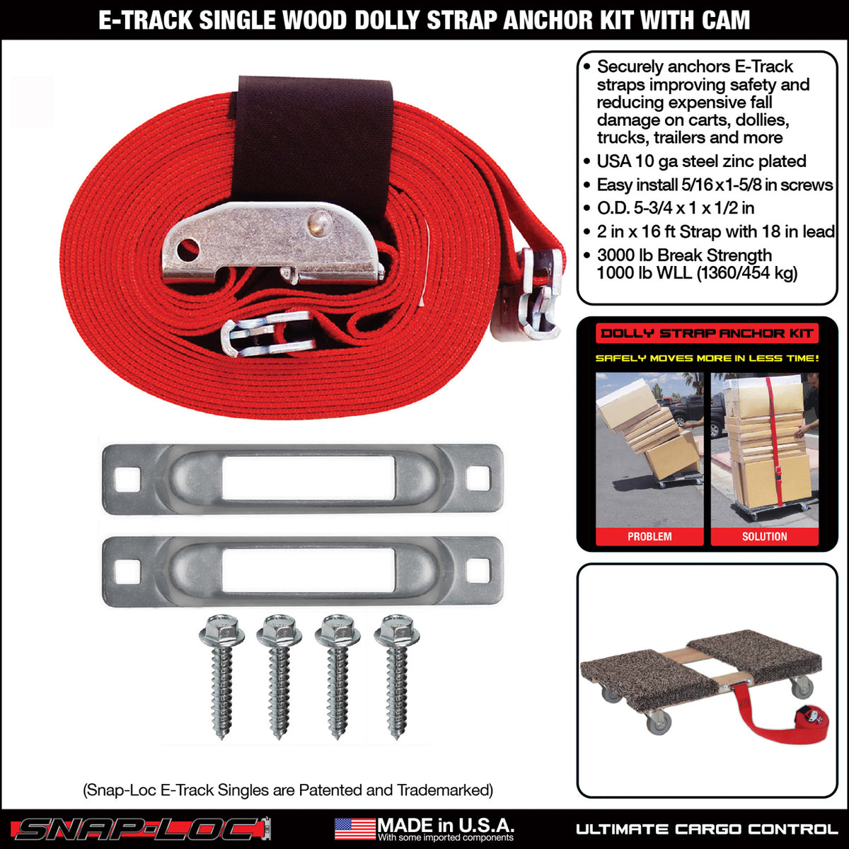 SNAP-LOC E-Track Single Wood Dolly Strap Tie-Down Anchor Kit with 2 in x 16 ft Cam 3,000 lb