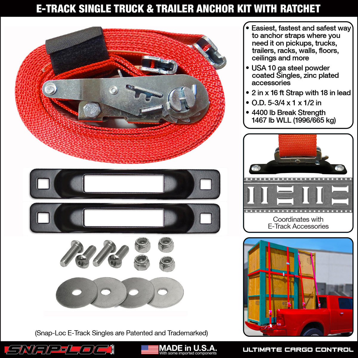 Snap-Loc E-Track Single Truck & Trailer Anchor Kit – 2” x 16' Ratchet Strap, 4,400 lb