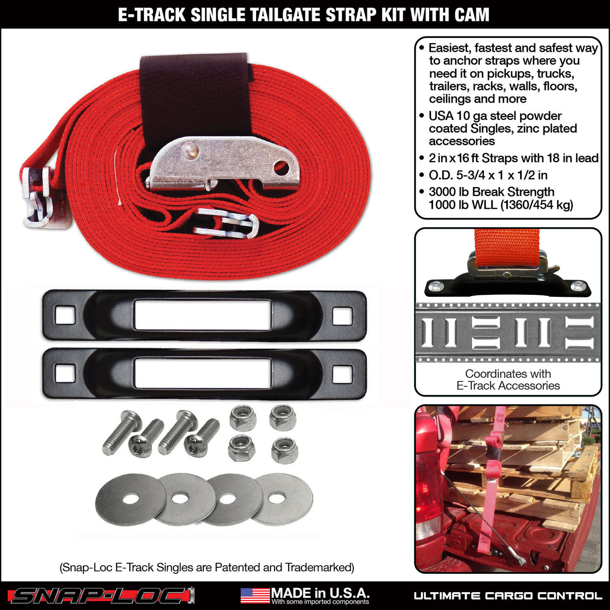 Snap-Loc E-Track Single Tailgate Strap Anchor Kit – 2” x 16' Cam Strap, 3,000 lb
