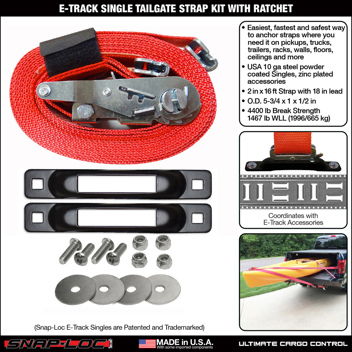 Snap-Loc E-Track Single Tailgate Strap Anchor Kit – 2” x 16' Ratchet Strap, 4,400 lb