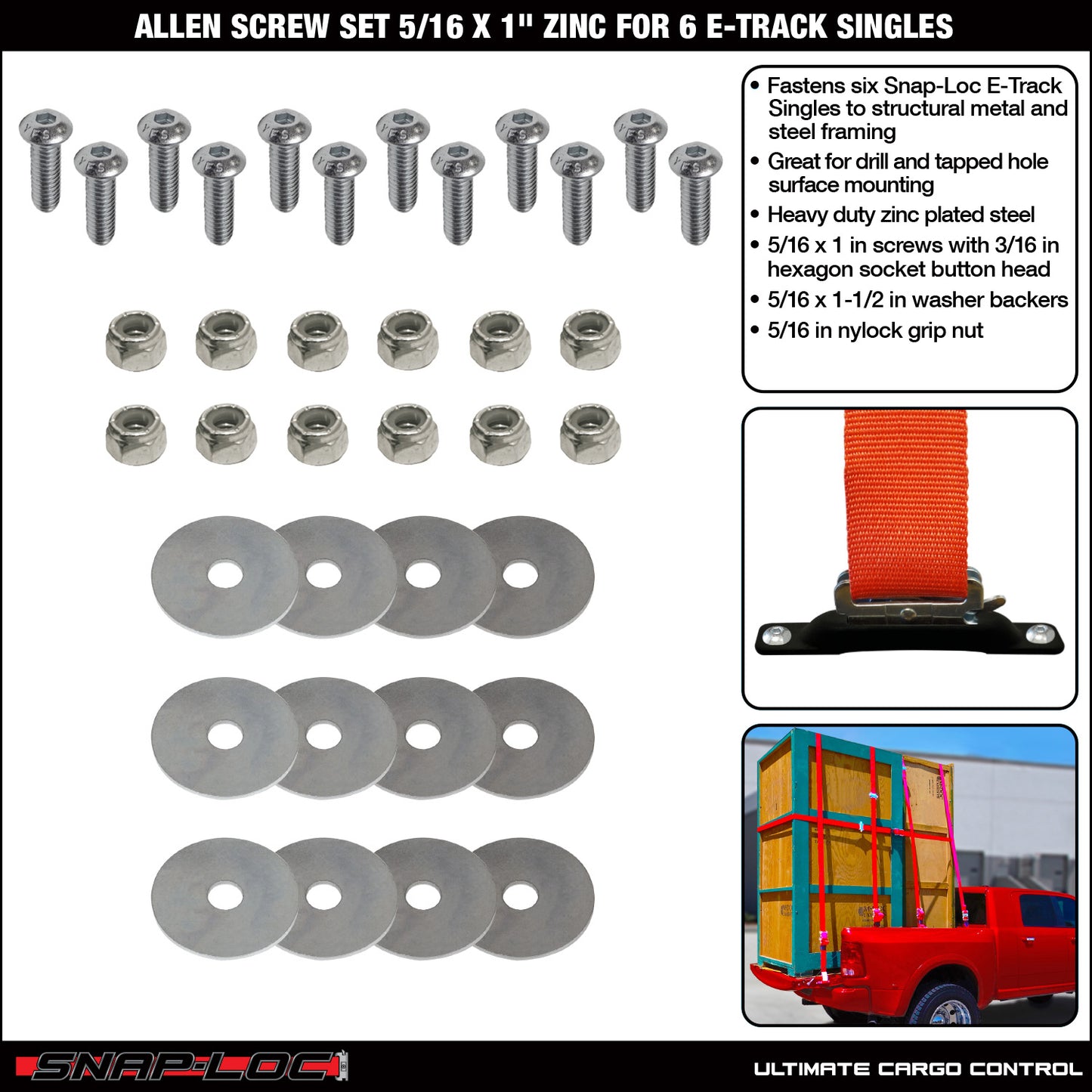 Allen Screw Set 5/16 x 1 Inch Zinc, Fastens 6 Snap-Loc E-Track Singles