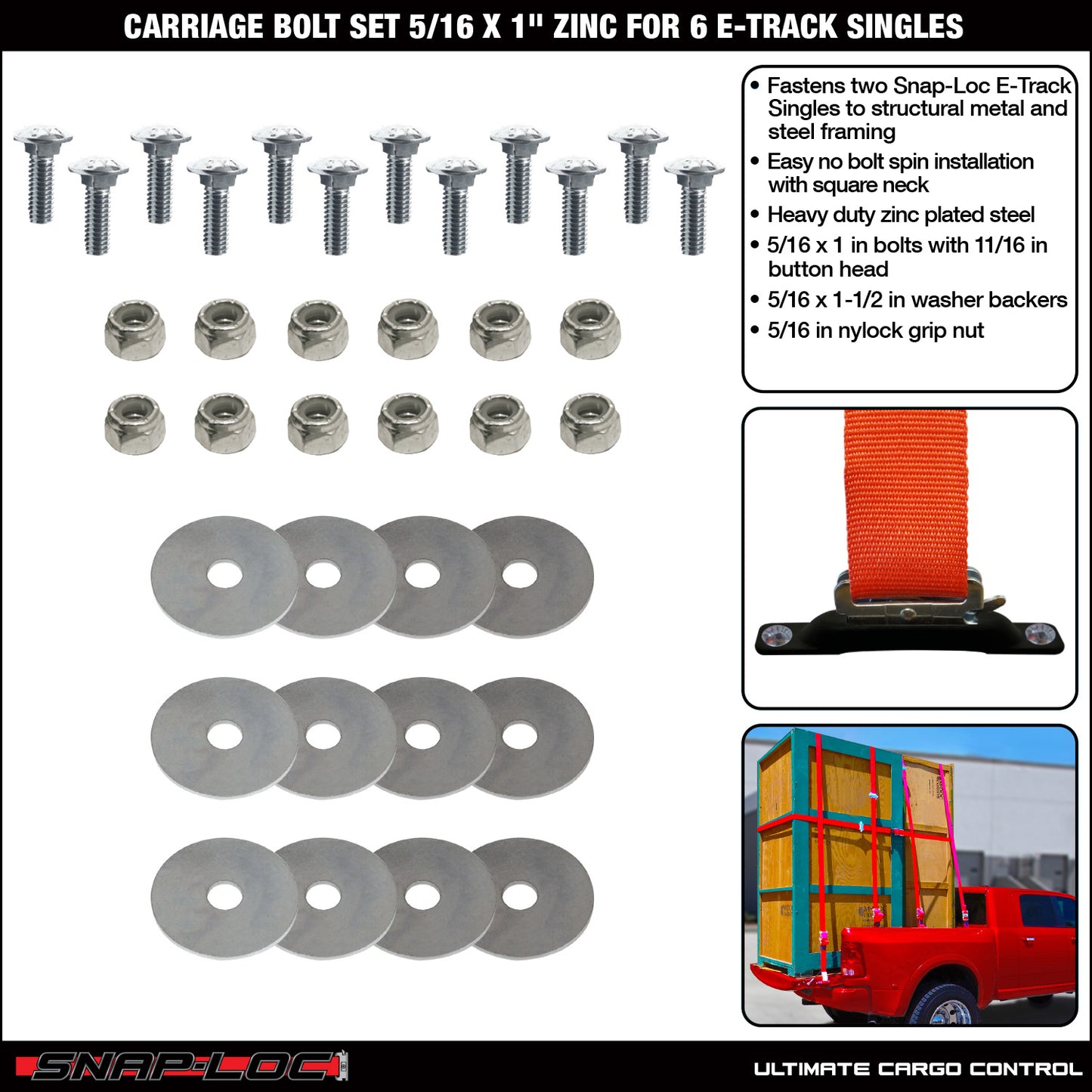 Carriage Bolt Set 5/16 x 1 Inch Zinc, Fastens 6 Snap-Loc E-Track Singles