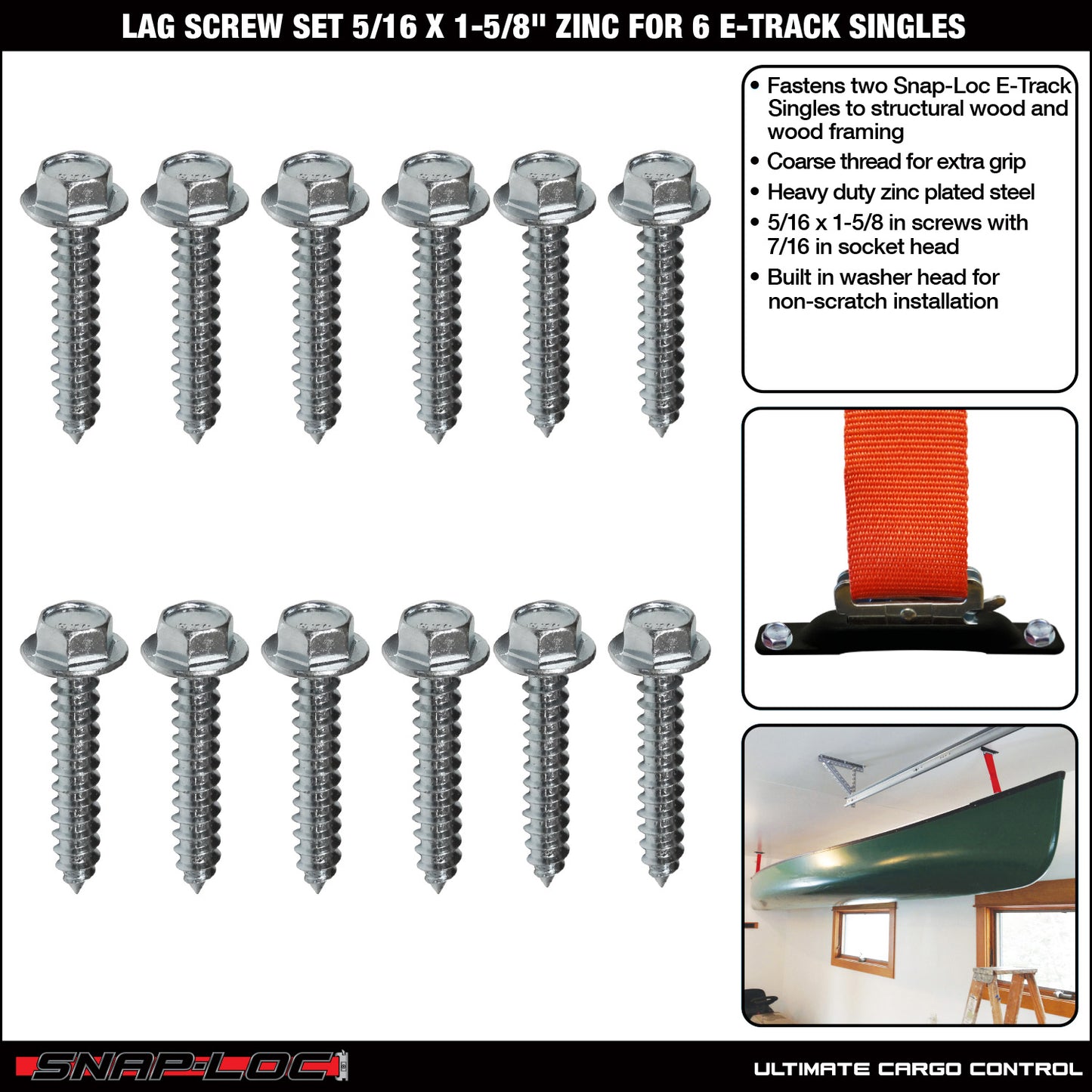Lag Screw Set 5/16 x 1-5/8 Inch Zinc, Fastens 6 Snap-Loc E-Track Singles