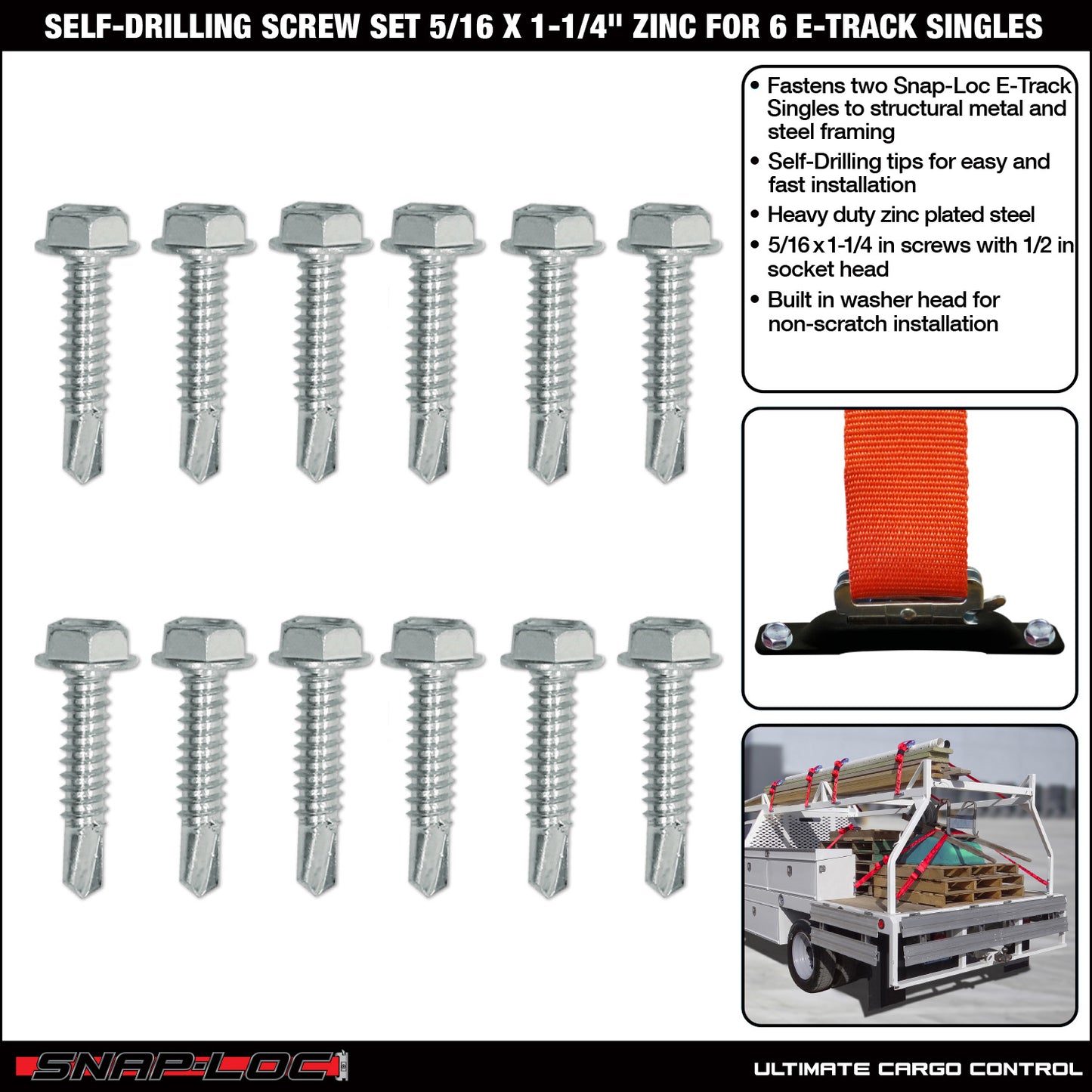 Self-Drilling Screw Set 5/16 x 1-1/4 Inch Zinc, Fastens 6 Snap-Loc E-Track Singles