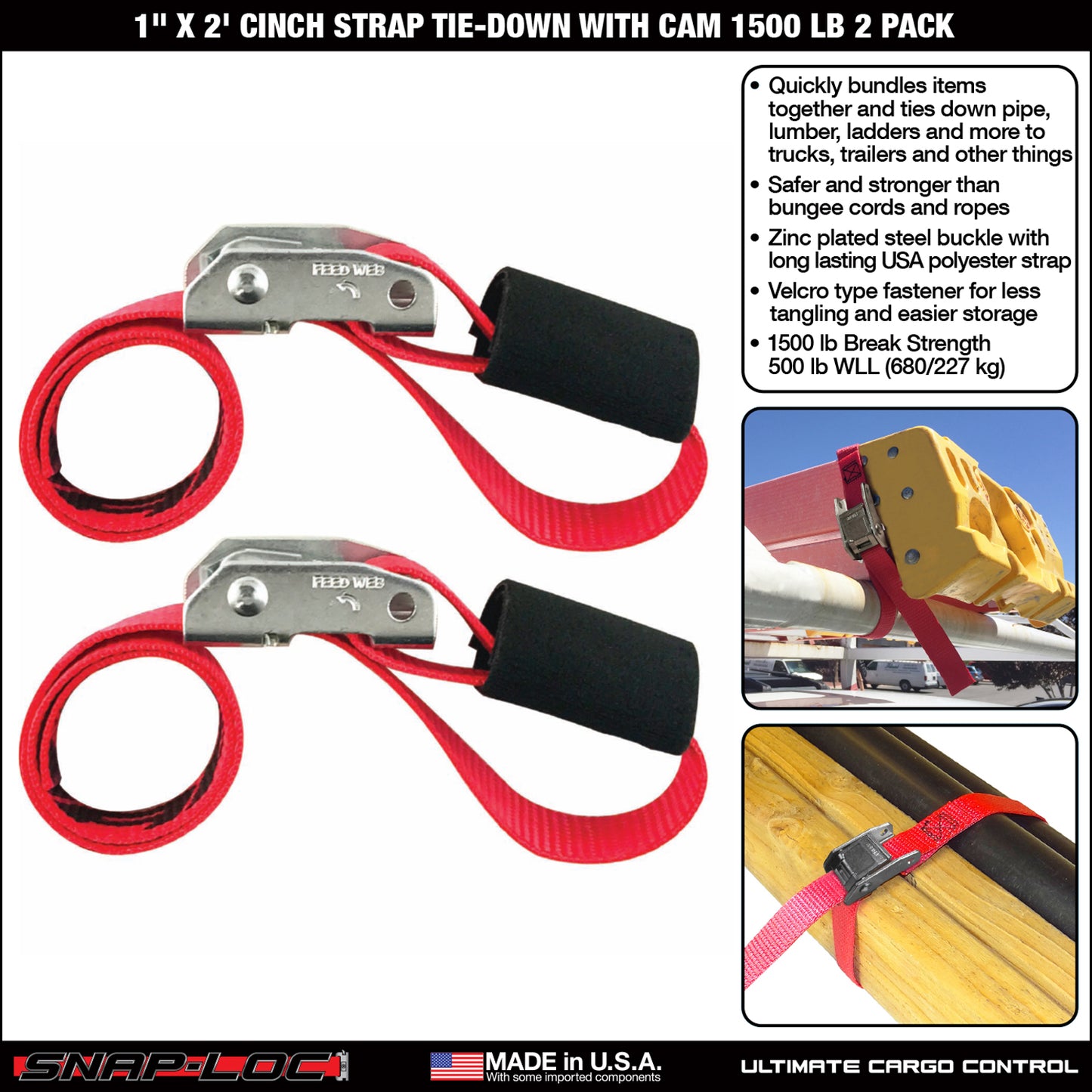 Snap-Loc 1 in x 2 ft Cinch Cam Strap – 1,500 lb – 2-Pack