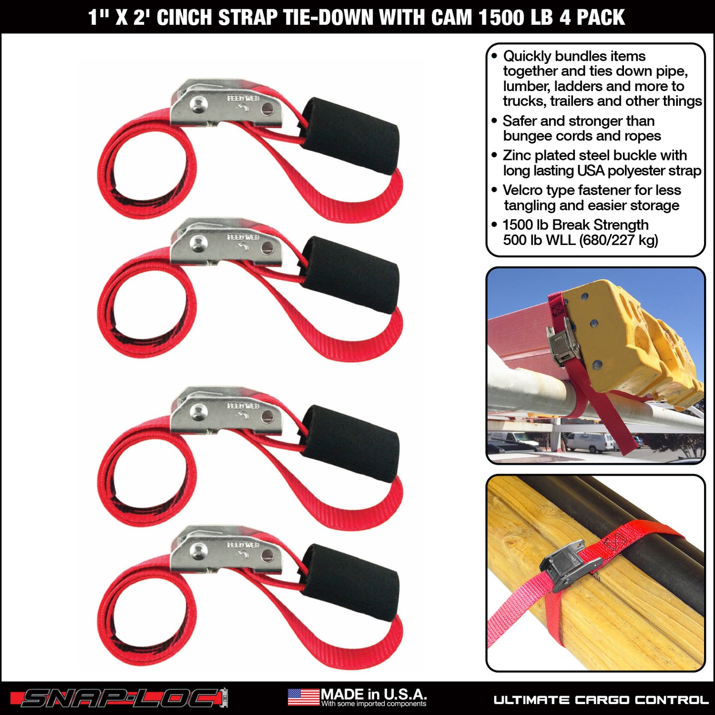 Snap-Loc 1 in x 2, 3, 6 ft Cinch Cam Strap – 1,500 lb