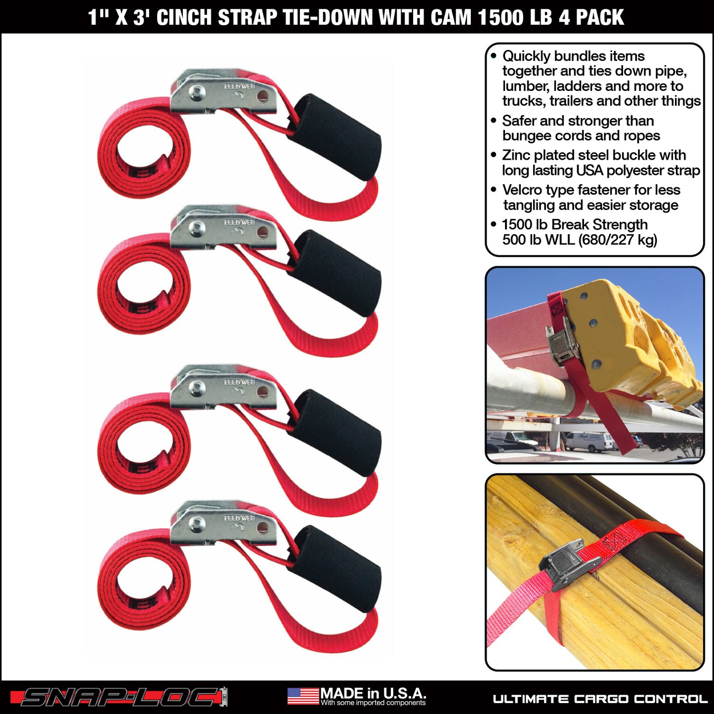 Snap-Loc 1 in x 2, 3, 6 ft Cinch Cam Strap – 1,500 lb